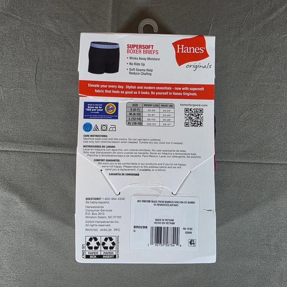 Hanes Originals Boys XL 16-18 Supersoft Bamboo Boxer Briefs 5-Pack Black BRO2BB